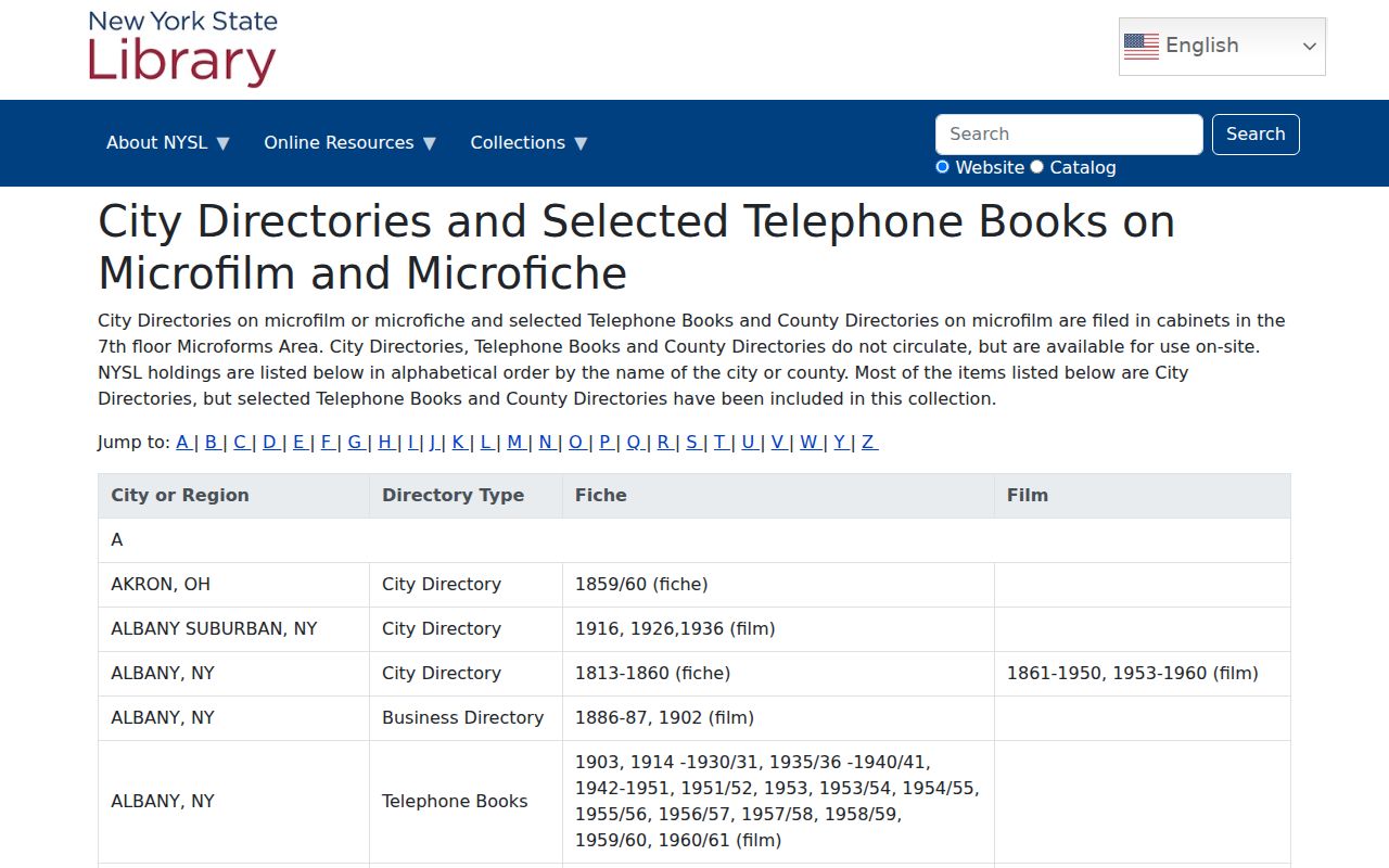 Town of Union city directory listings on the New York State Library directory holdings page